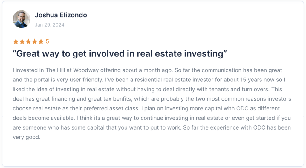 Customer review of Open Door Capital's real estate investments